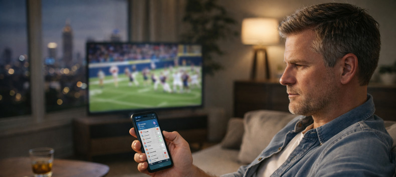 Atlanta sports fan calmly reviewing fantasy lineup while watching a live game, demonstrating emotional control and disciplined decision-making