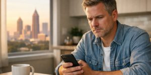 Atlanta resident analyzing sports data and fantasy lineup at home, showing thoughtful decision-making and risk evaluation