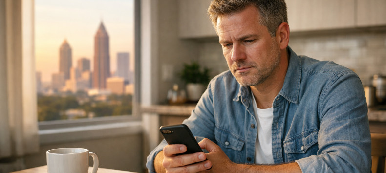 Atlanta resident analyzing sports data and fantasy lineup at home, showing thoughtful decision-making and risk evaluation